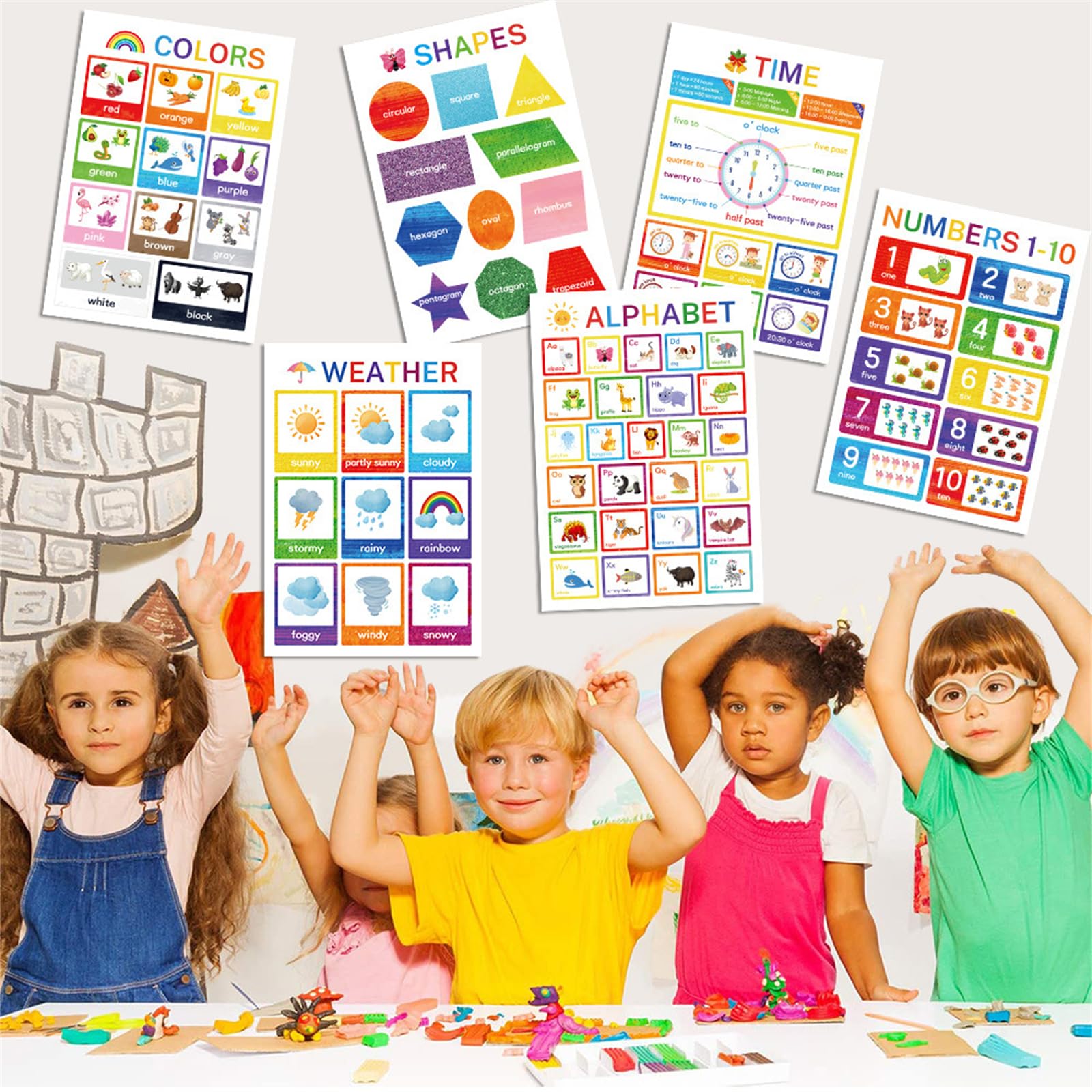 NOVOLAN Children Educational Posters 12 Piece Set, Letters, Shapes, Colors, Farm Animals, Weather Months, Time, & Numbers, Classroom Decoration Wall Chart Early Childhood Education Chart, 28 * 40.6cm