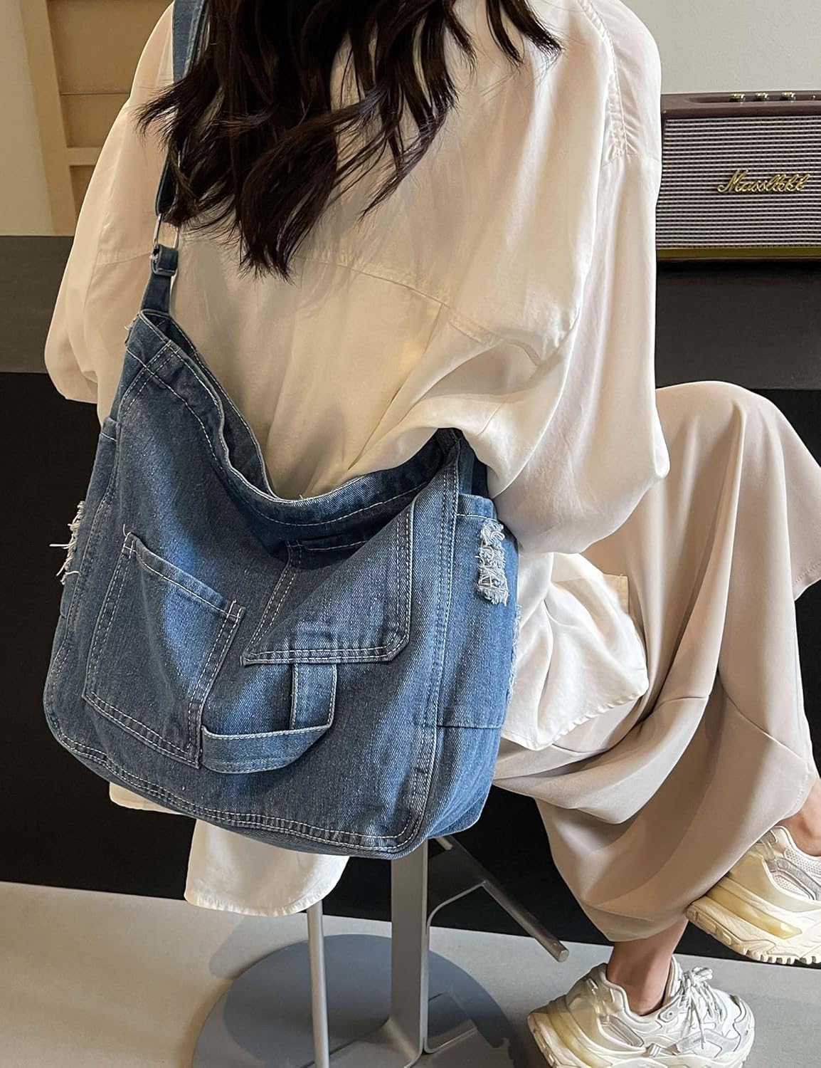 Denim Hobo Tote Bag for Women Blue Large Jean Casual Shoulder Purse Crossbody Handbag - Image 6