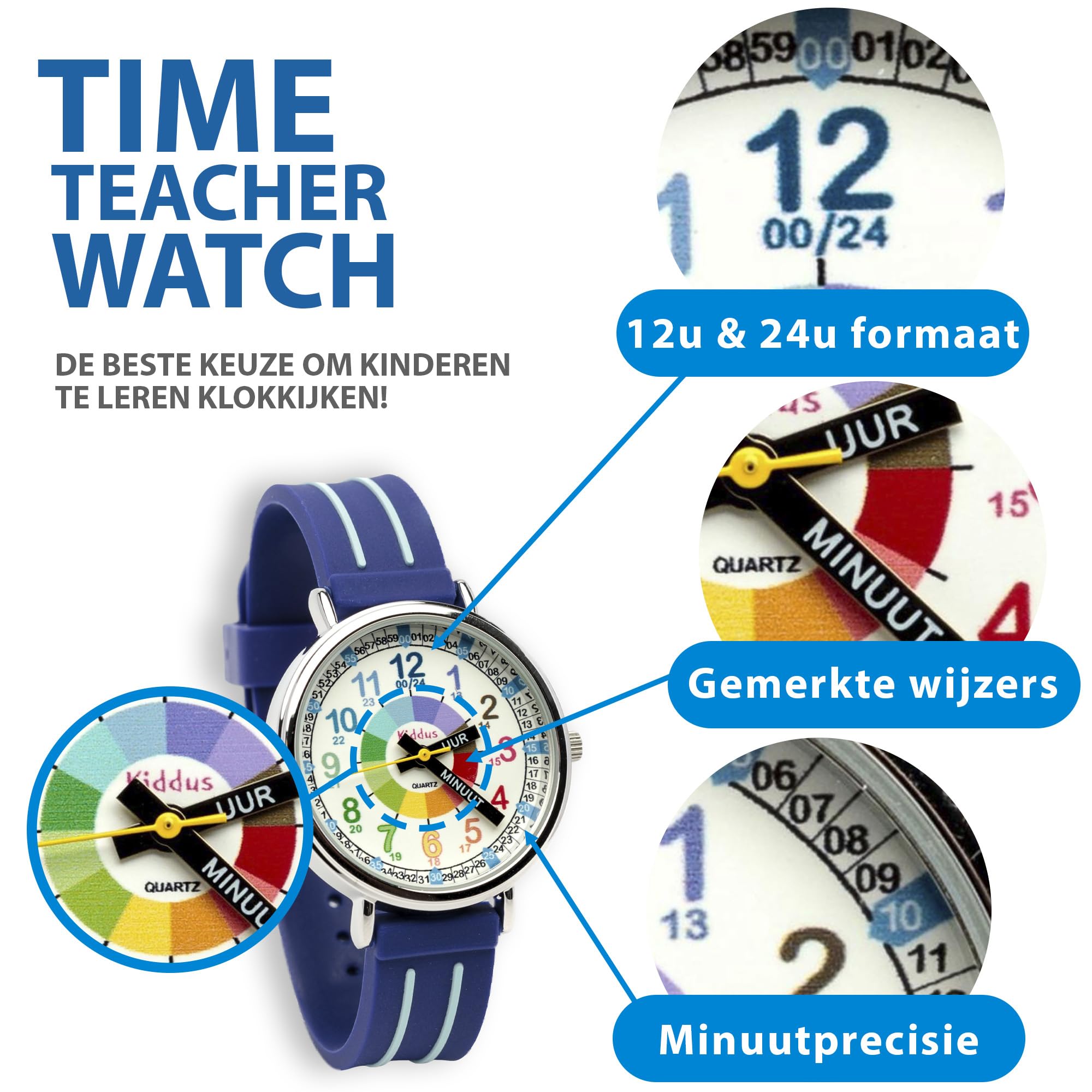 Kiddus Orologio Educativo per Bambini, Ragazze. Da Polso, Analogico. Con Esercizi per Imparare a Leggere l’Ora. Facilità di Lettura. Movimento al Quarzo Giapponese. Olandese Blu