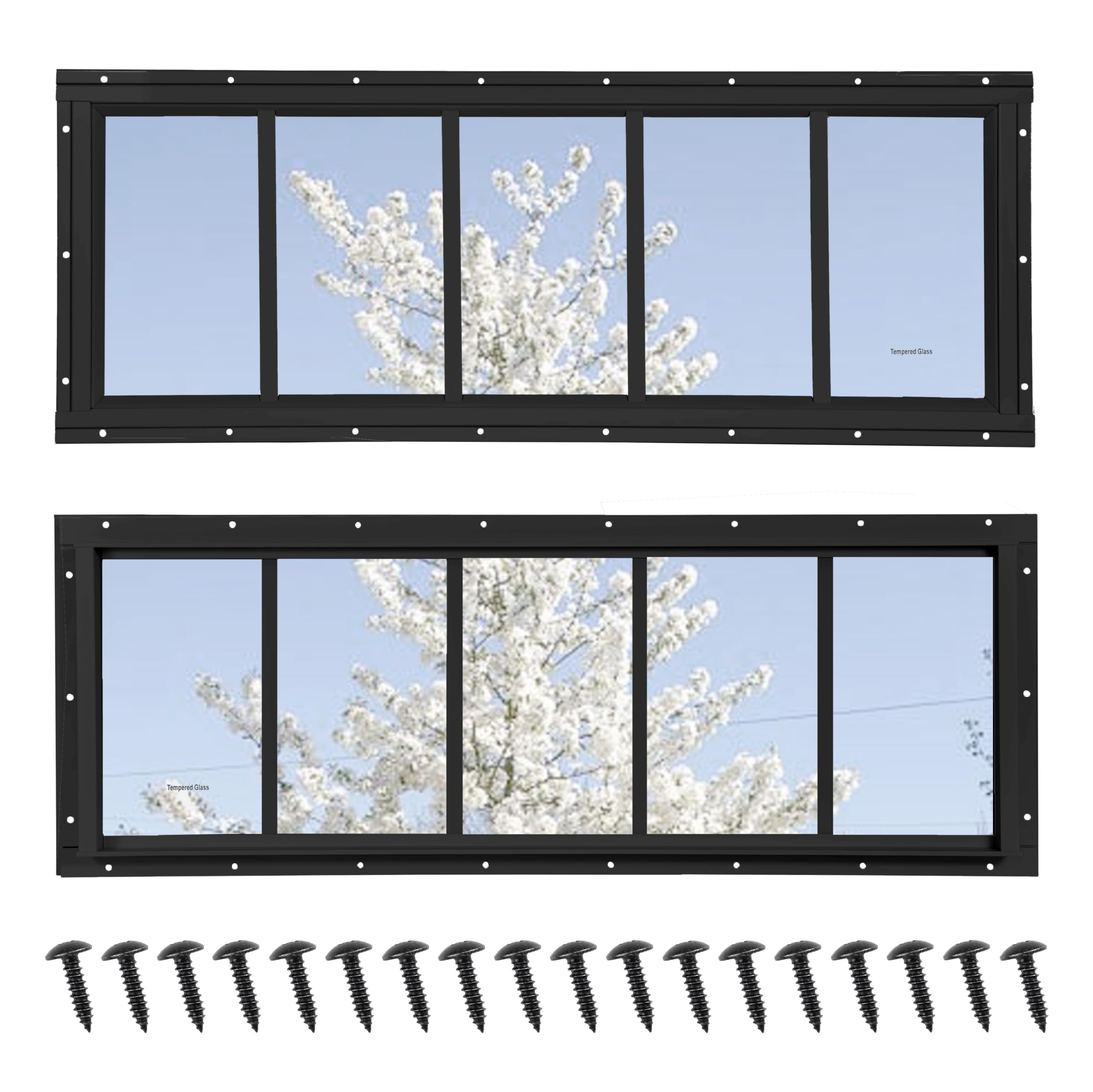 NOTASA Shed Windows 2 Pack, Transom Windows 10" x 29" with Tempered Glass, Garage Doors Window for Shed, Chicken Coop, Playhouse, Household (Black)