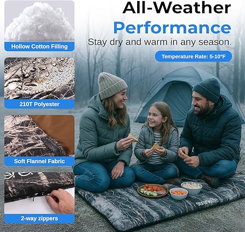 Miniatura 2 de SereneLife Saco de dormir doble con almohadas, impermeable y desmontable para 2 bolsas individuales, ligero y cálido, perfecto para camping,