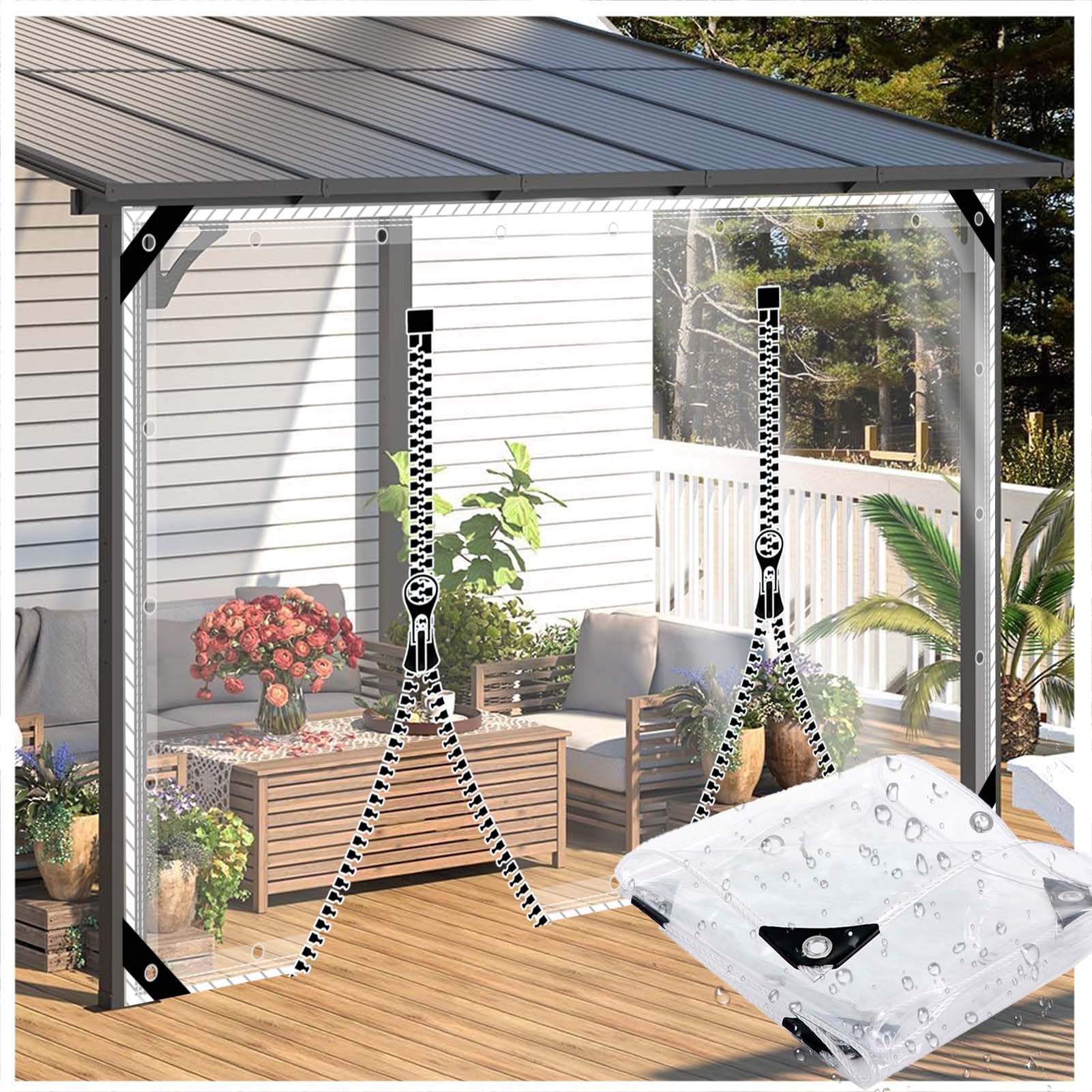 Telone in vinile trasparente, 1,8 m x 1,8 m, resistente, 0,35 mm, resistente agli strappi, con occhielli e corda per legare, per piante da campeggio, serre, auto, patio, impermeabile e resistente ai