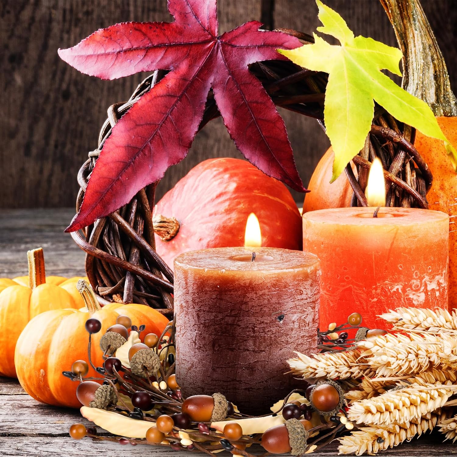 2 Pack Small Thanksgiving Day Candle Rings Fall Candle Wreath 6" with Artificial Textured Leaves and Acorn Twig Wreath for Pillar Flower Mini Rings Thanksgiving Fall Rustic Seasonal Decor