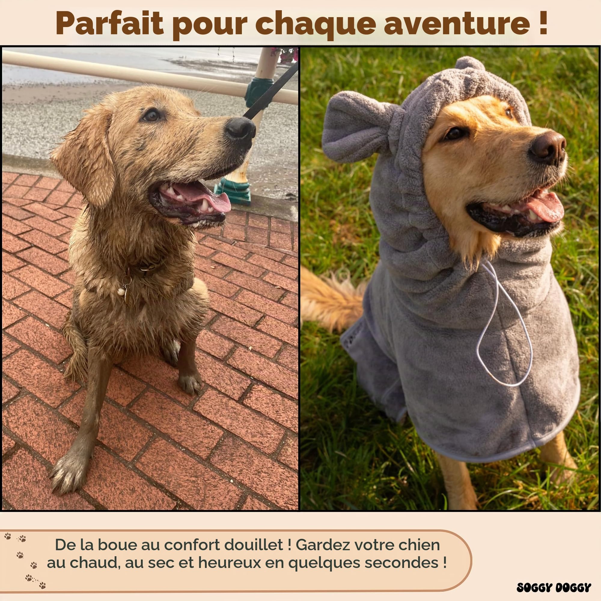 SOGGYDOGGY® UK : Manteau de séchage de luxe pour chien, super absorbant, en microfibre, séchage rapide en quelques minutes, peignoir épais et doux – Pour le bain, le marié et les voyages, couvre les