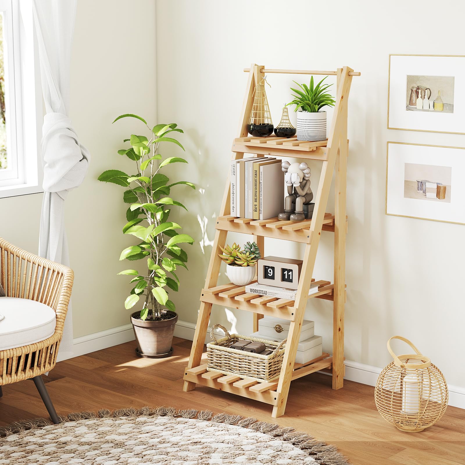 HOMASIS Porte-plantes d'intérieur à 4 étagères, étagère présentoir à escalier en bois d'épicéa, support pour plantes pliable et multifonctionnel pour salon, entrée, 38 x 52 x 109 cm, naturel
