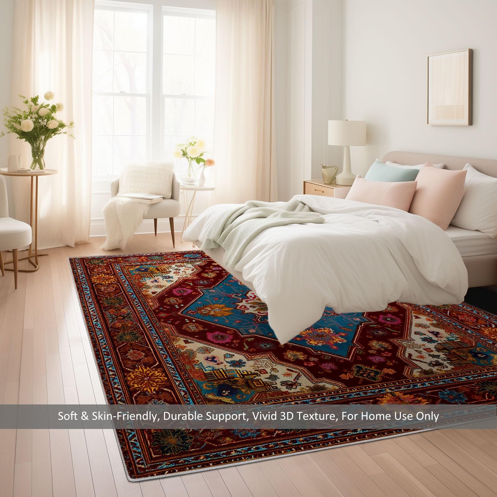 Generico Tappeto Salotto Tradizionale Orientale Natura Fiori, Pelo Corto Tappeto Morbido Camera da Letto Antiscivolo Lavabile Tappeti Soggiorno Cucina Tappeti di Zona Home Decor, Rosso 160 x 230 cm