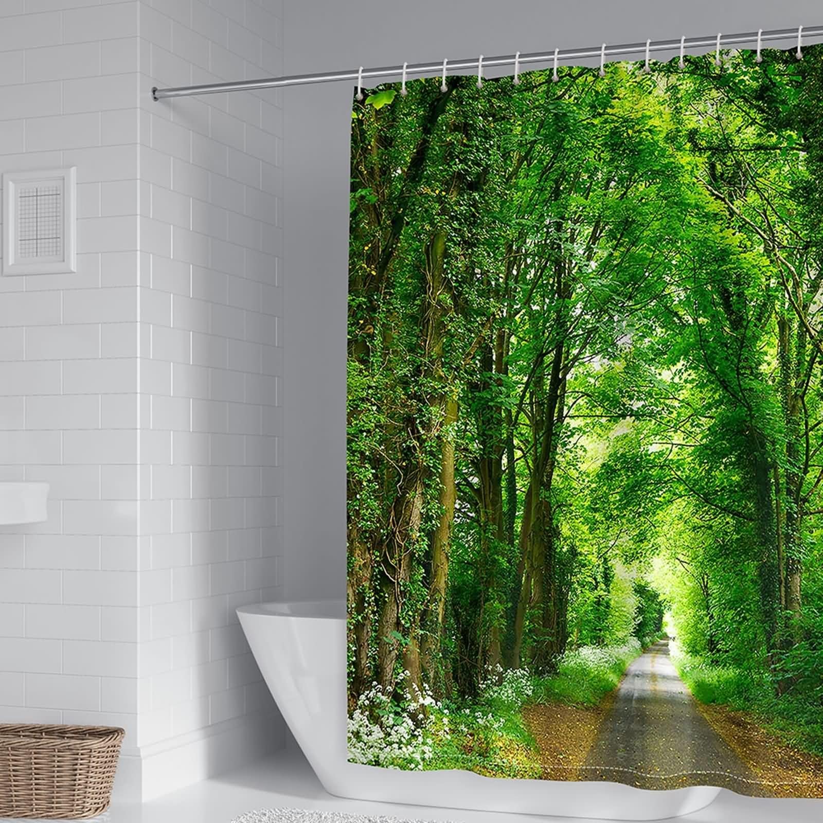 Rideau de douche vert 165x180 motif arbres KnSam en polyester imperméable pour baignoire avec crochets
