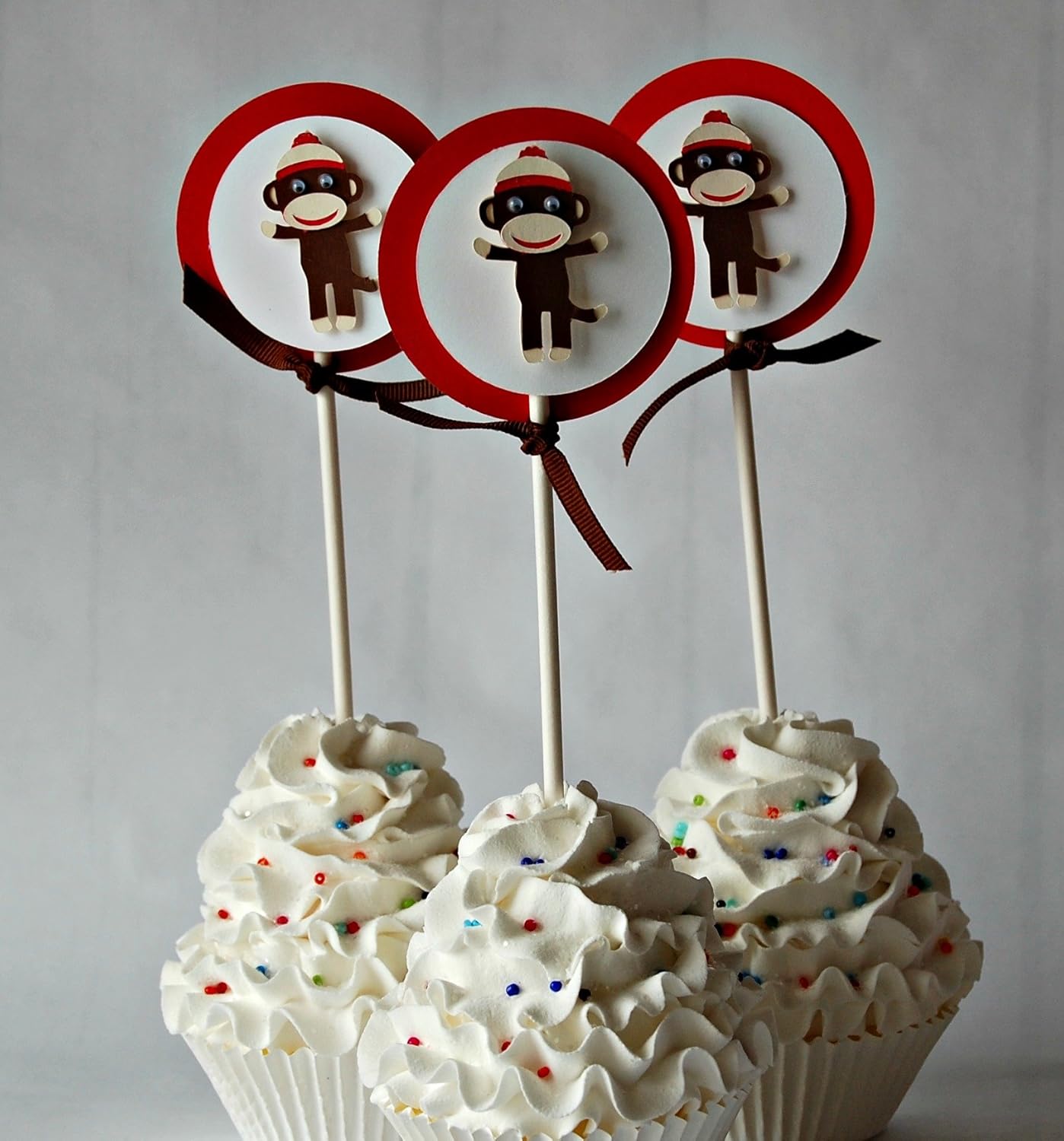 Sock Monkey Birthday Party Cupcake Toppers (Set of 24)