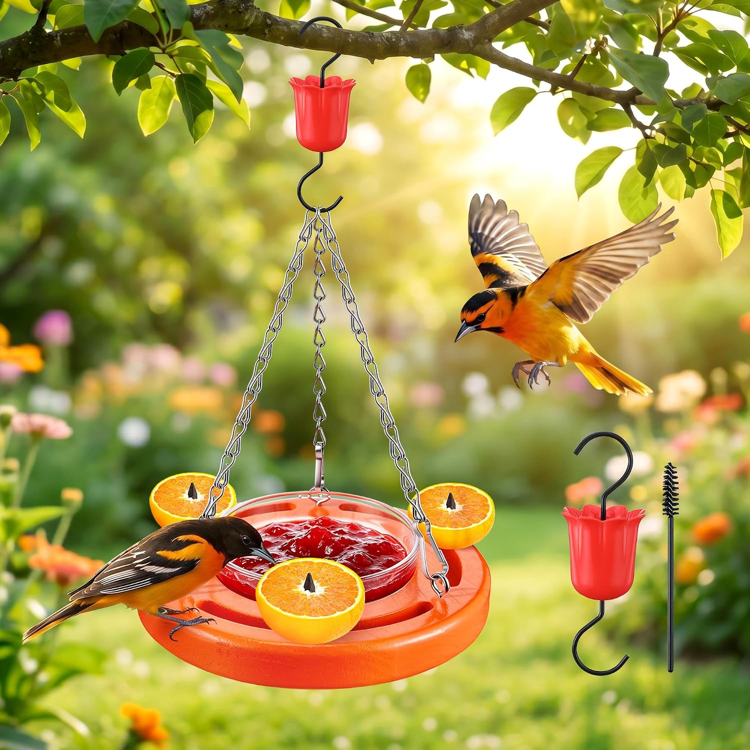 Oriole Feeder, Orange Oriole Feeder for Outdoors with Ant Moat and Fruit Pegs, Sturdy Hanging Bird Jelly Feed for Garden, Backyard, & Outdoor, Larger Size Can Simultaneous 3-4 Feeding(1 Pack)