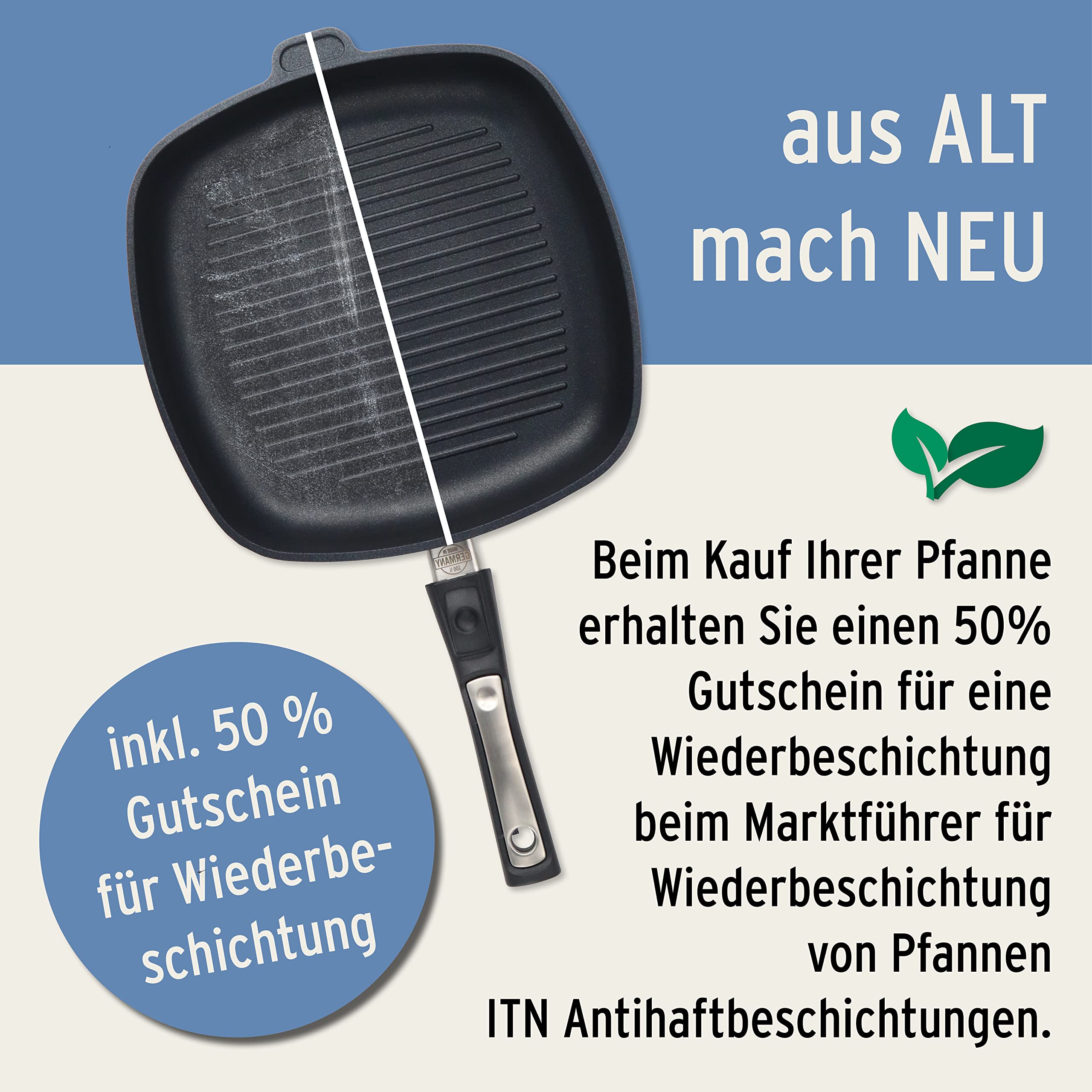 Grillpfanne Induktion 28 x 28 x 5 cm I Handmade in Germany I Für alle Herdarten geeignet I abnehmbarer Stiel I Gleichmäßige Hitzeverteilung I Einfache Reinigung