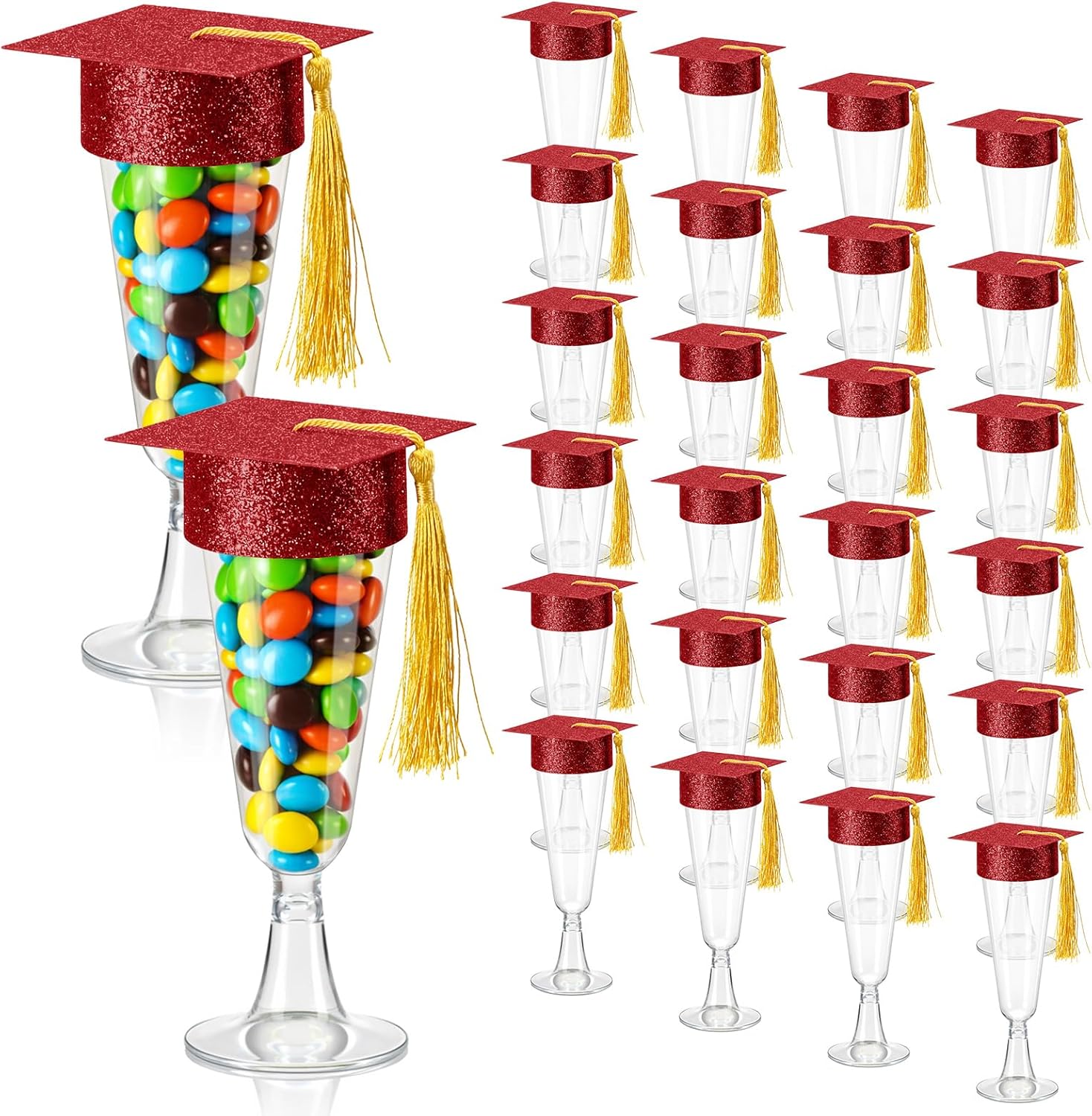 Ziliny 24 Set Graduation Cap Champagne Plastic Flutes with Graduation Cap Champagne Topper 2026 Grad Party Decoration