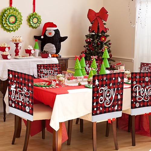 Miniatura 6 de KIMOBER Juego de 6 fundas para sillas de Navidad, diseño de búfalo rojo y negro, para decoración de comedor de Navidad