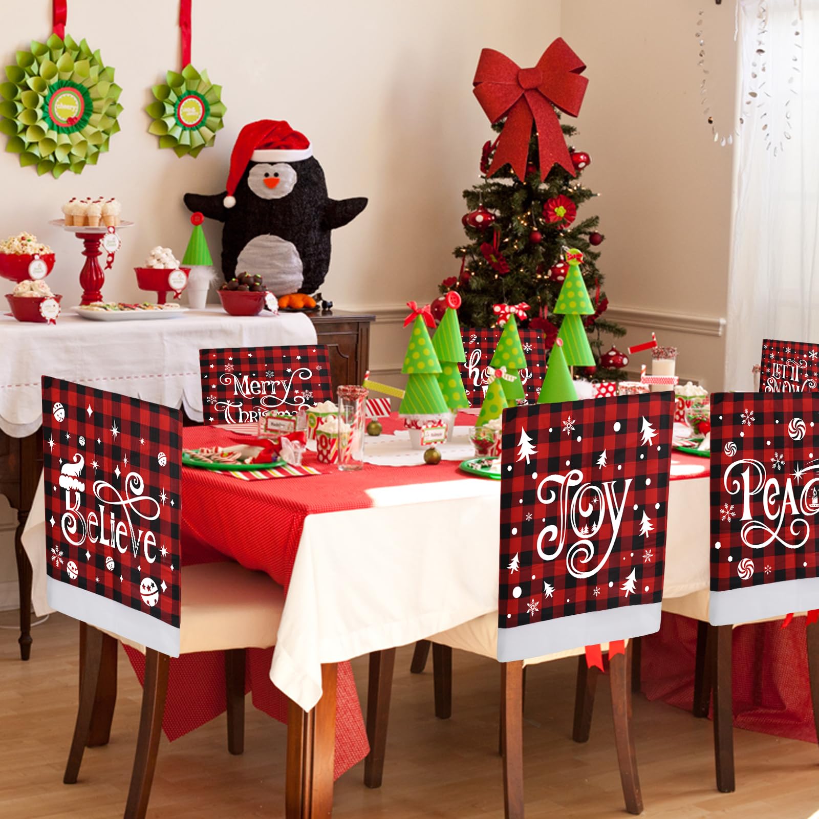 KIMOBER Juego de 6 fundas para sillas de Navidad, diseño de búfalo rojo y negro, para decoración de comedor de Navidad