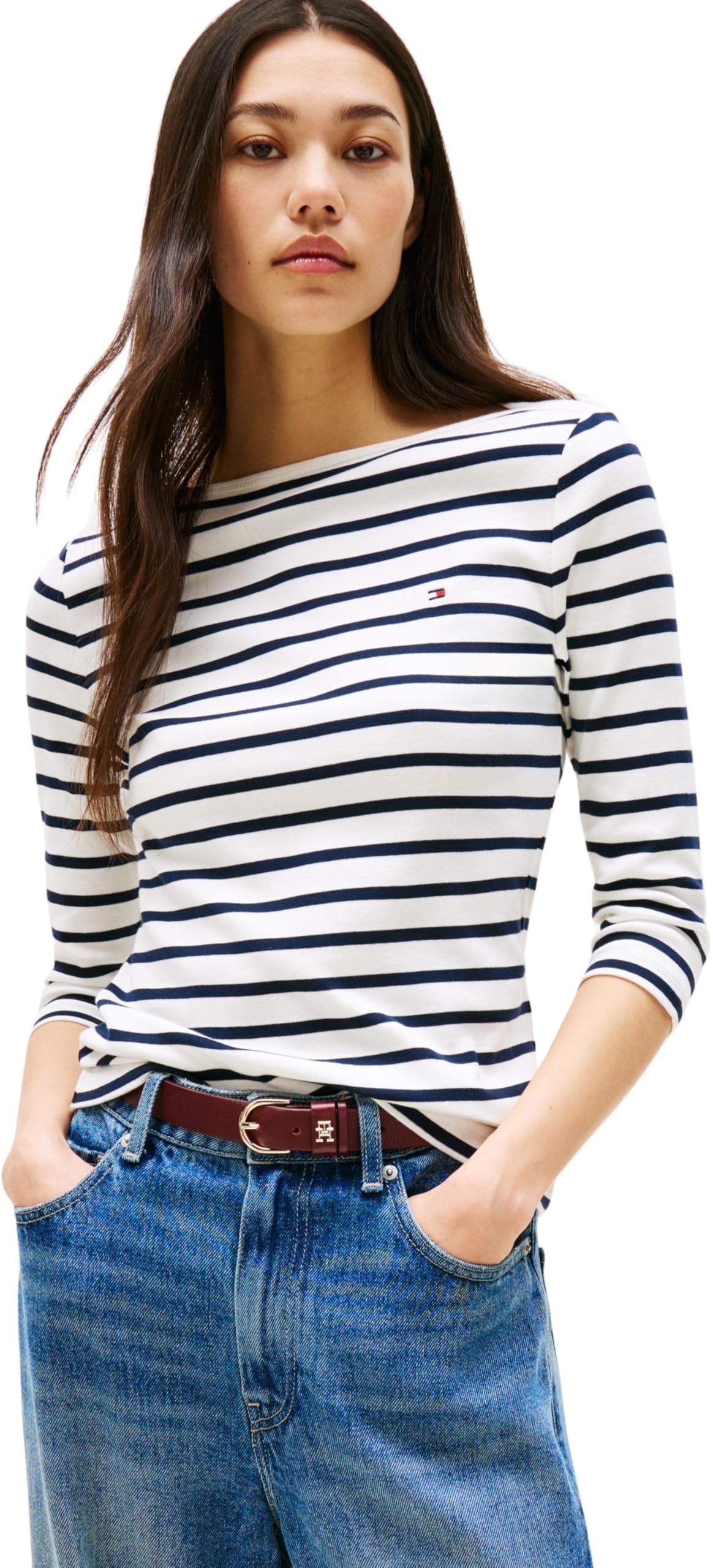 Tommy Hilfiger Women’s Long Sleeve Slim Fit New Cody Top with Boat Neck, Multicolor (Breton/ECU/Dark Night Navy), S