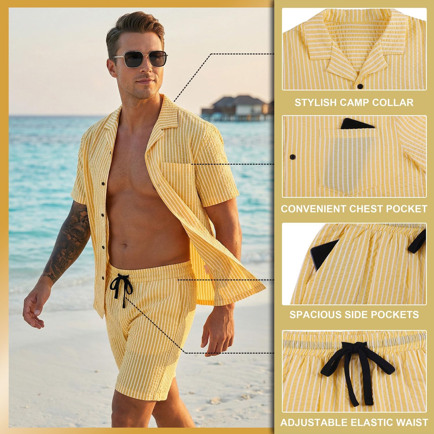 Lzzidou Men's 2 Piece Outfit Short Set Striped Button Down Shirt and Drawstring Shorts Casual Summer Beach Matching Suit