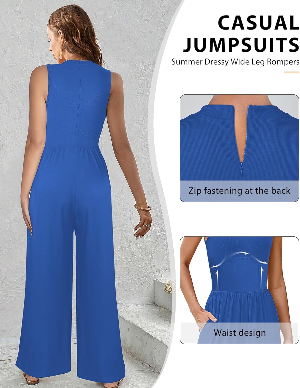 AURUZA Jumpsuits for Women, Sleeveless Crew Neck Jumpsuits for Women Casual One Piece Outfit Wide Leg Long Pants Rompers for Women 2024 Jumper Dressy with Pockets, Blue, M - Image 3