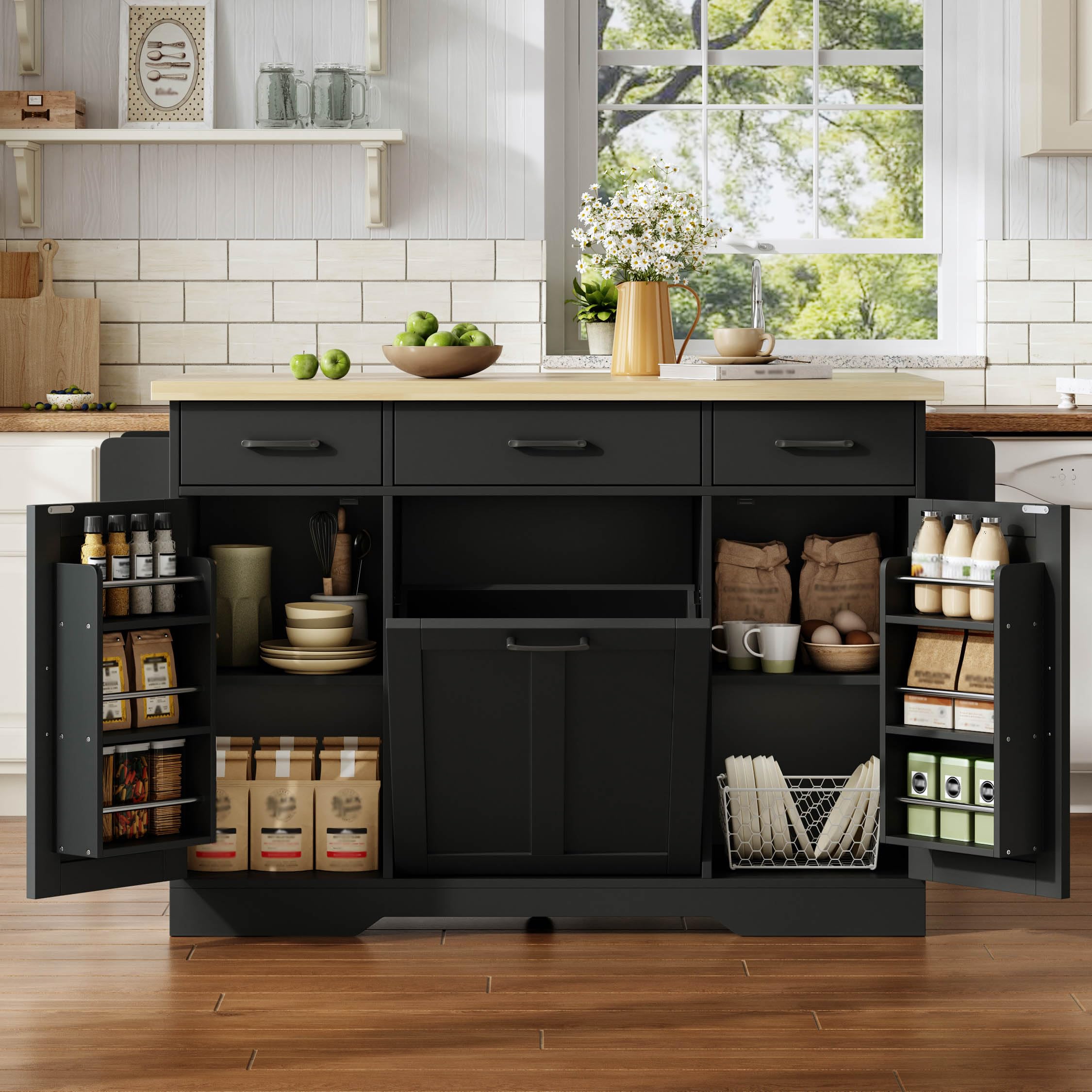 Küchenwagen, Kücheninsel mit Klapparbeitsplatte, Speisewagen Küchenschrank mit Rollen & Müllschrank, Mobile Buffetschrank Stauraumschrank mit Schubladen & Gewürzregal, 120x45(70)x87cm (Schwarz)