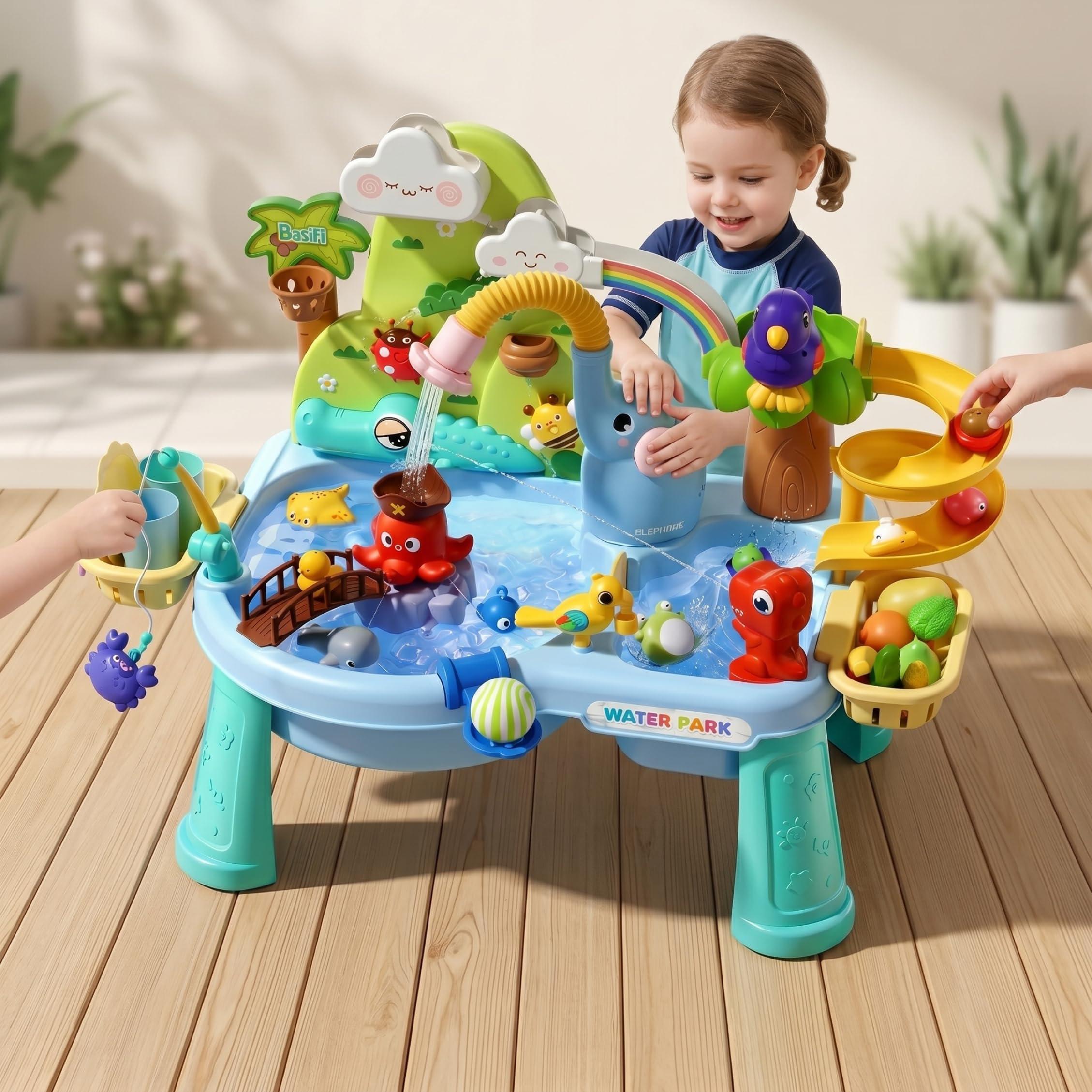 Tavoli sensoriali combinati con sabbia e acqua, Tavolo acquatico multigioco per bambini piccoli, Tavolo sensoriale a ricircolo elettrico con spruzzatore a forma di elefante, Blu, Ornaments de jardin