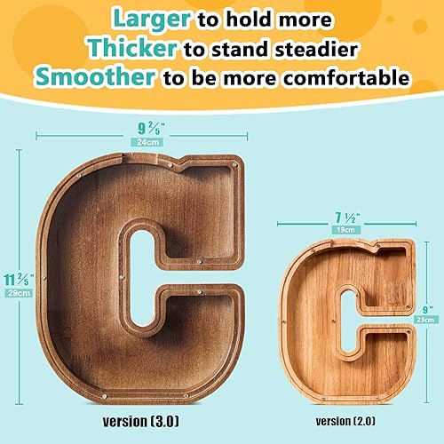 Miniatura 242 de SummiDate Alcancía de madera con nombre, niños y niñas, tamaño grande, letras alfabeto A-Z, monedas y billetes, inicial en cubierta transparente