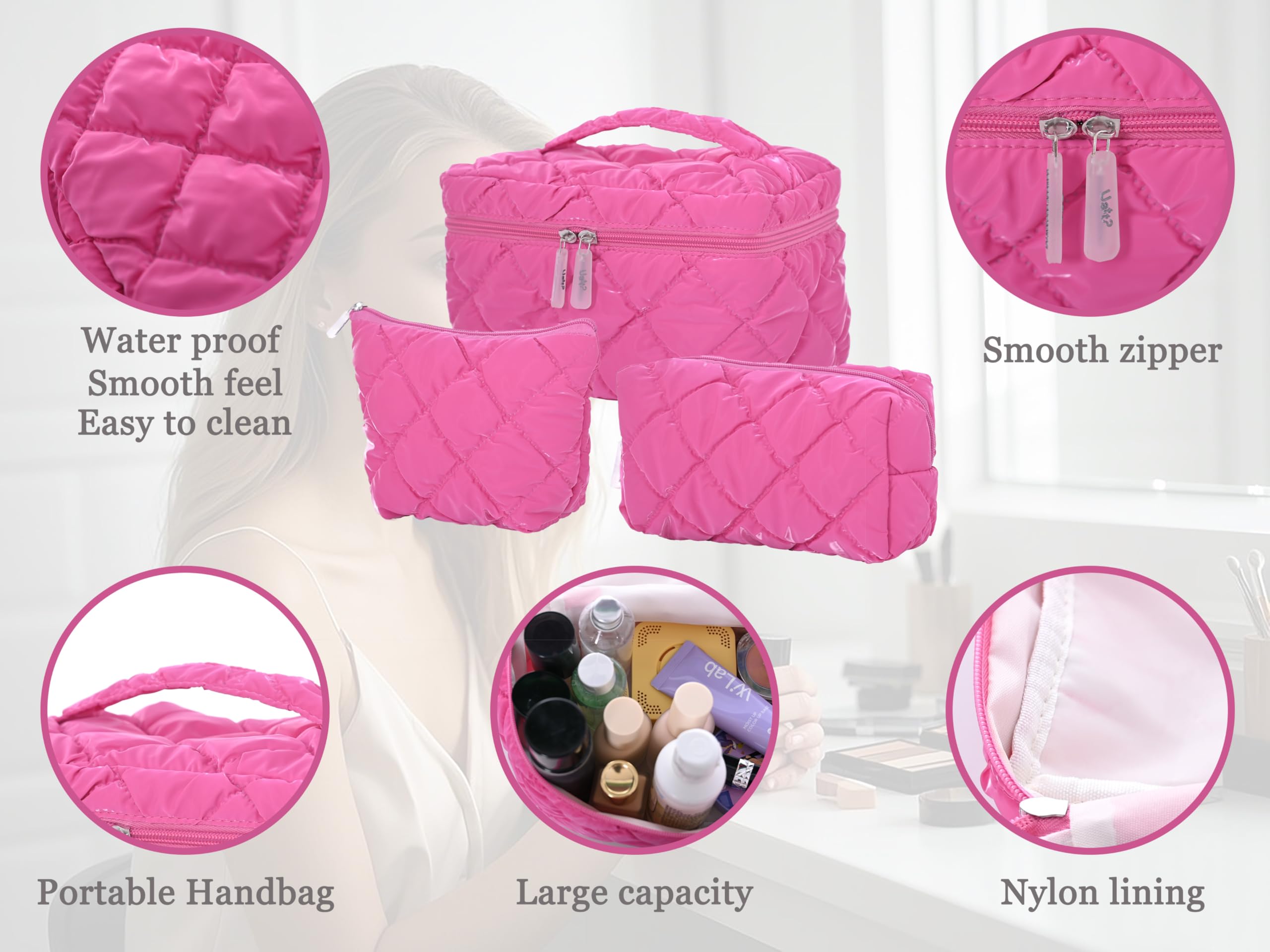 3Pcs Makeup Bag Set,Travel Portable Large Down Water Proof Cosmetic Bags for Women,Bathroom Coquette Toiletries Organiser - Image 4