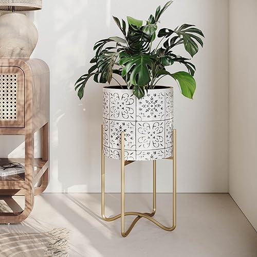 Miniatura 3 de EverNest Tristan - Maceta neutra de diseño bohemio blanco y negro con soporte Ambrose, macetas SelectBase para plantas de interior, estilo
