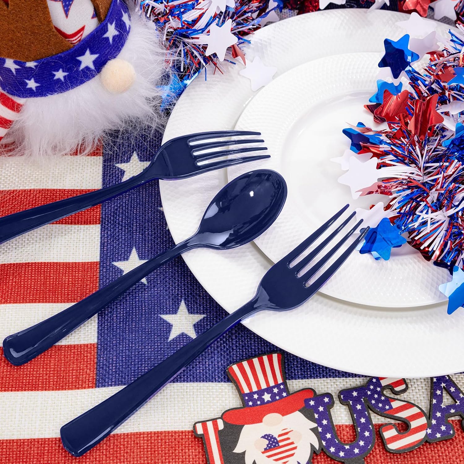 Liacere 100Pack Pre Rolled Blue Silverware and Napkin-Disposable Blue Plastic Utensils-Plastic Cutlery Set with Napkin:100 Forks,100 Knives,100 Spoons,100 Napkins for Wedding&Martin Luther King Jr Day