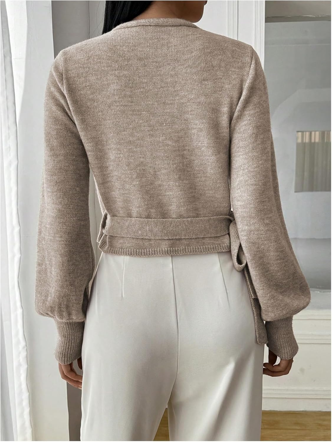 Womens Fall Wrap Sweater Long Sleeve Pullover Casual V Neck Slim Fit Fashion Knit Crop Top Wrap Top Sweater - Image 3