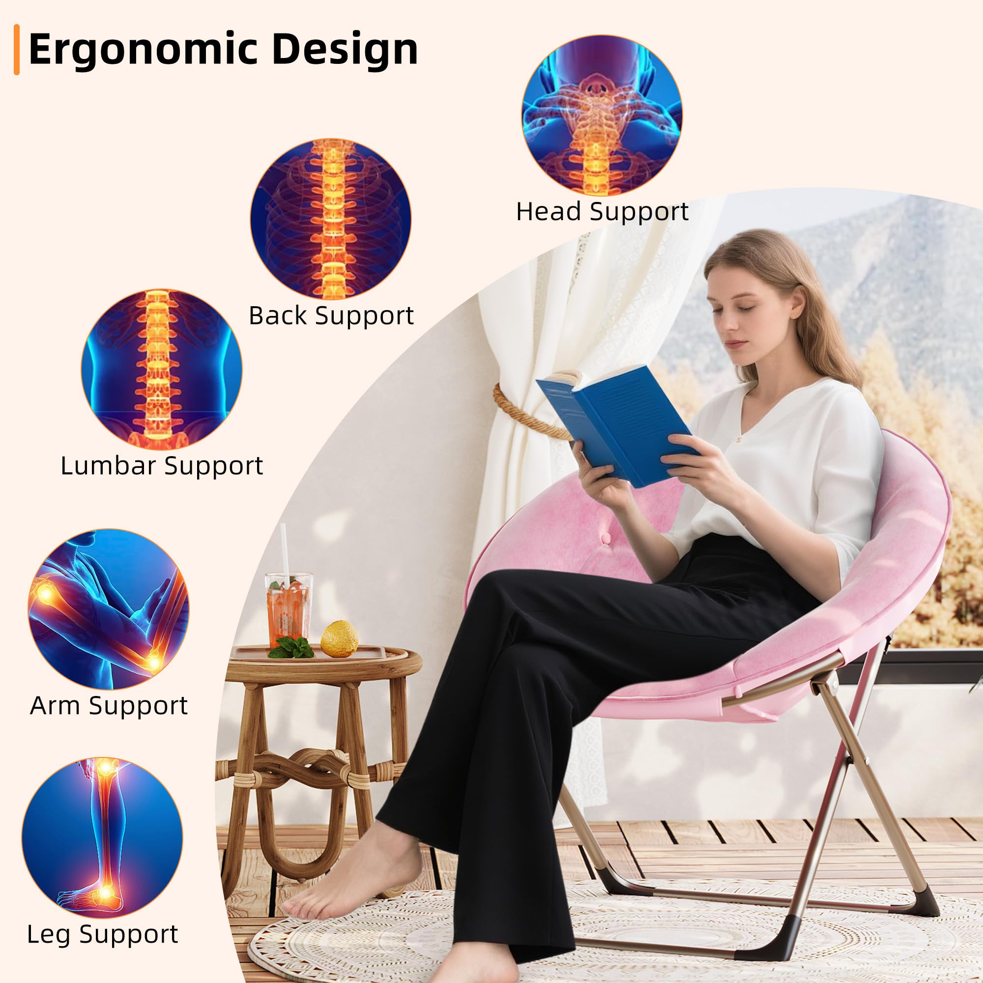 Garvee Silla Moon Plegable de Felpa Suave para Dormitorio - Estructura Metálica Resistente - Oversize y Cómoda - Ideal para Adultos, Adolescentes y Niños - Lectura y Descanso - Rosa con Patas Doradas