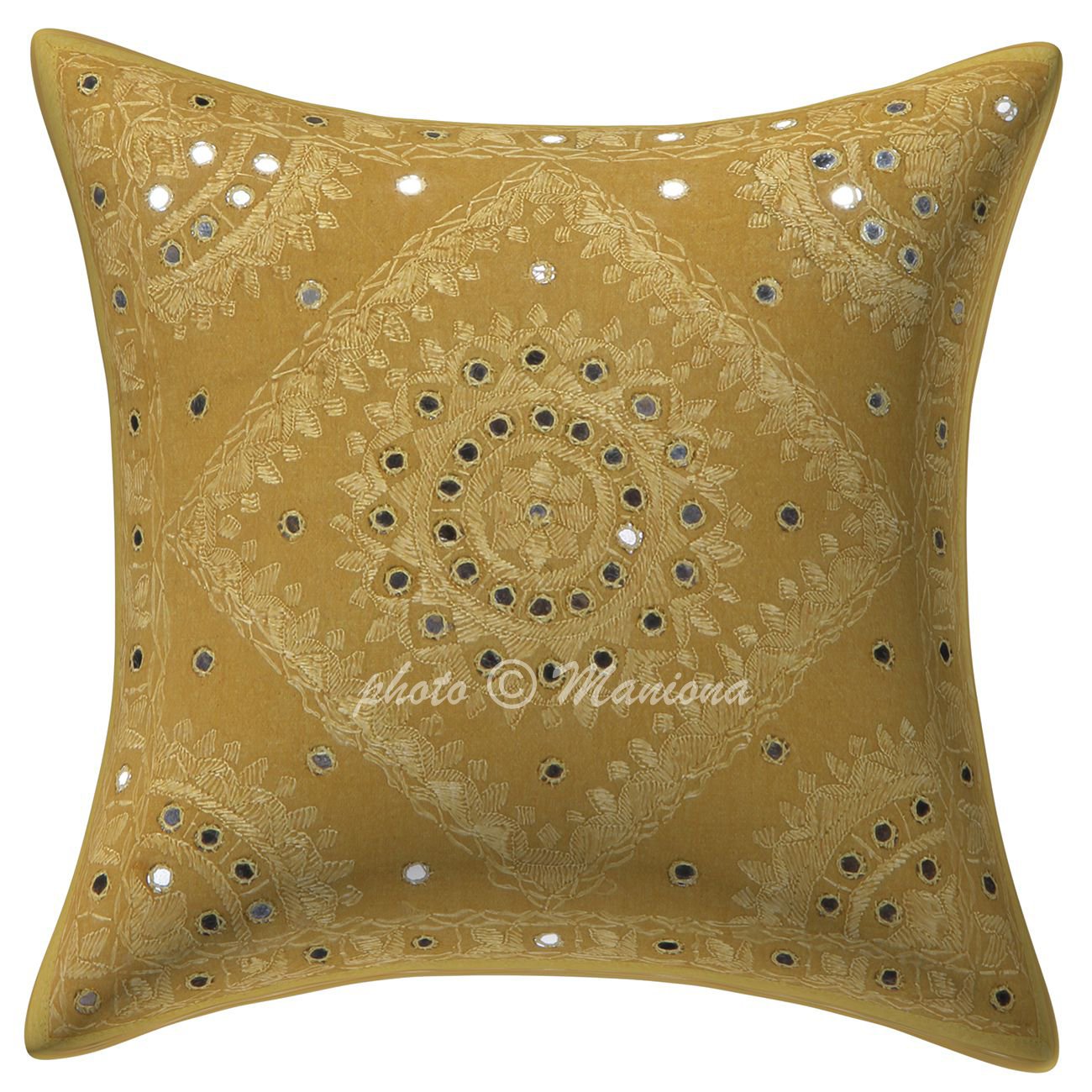 Maniona Crafts Sofa Pillow Mirror Embroidered Work Cotton Embroidered Cushion Cover 16 X 16 Ethnic Throw Pillow