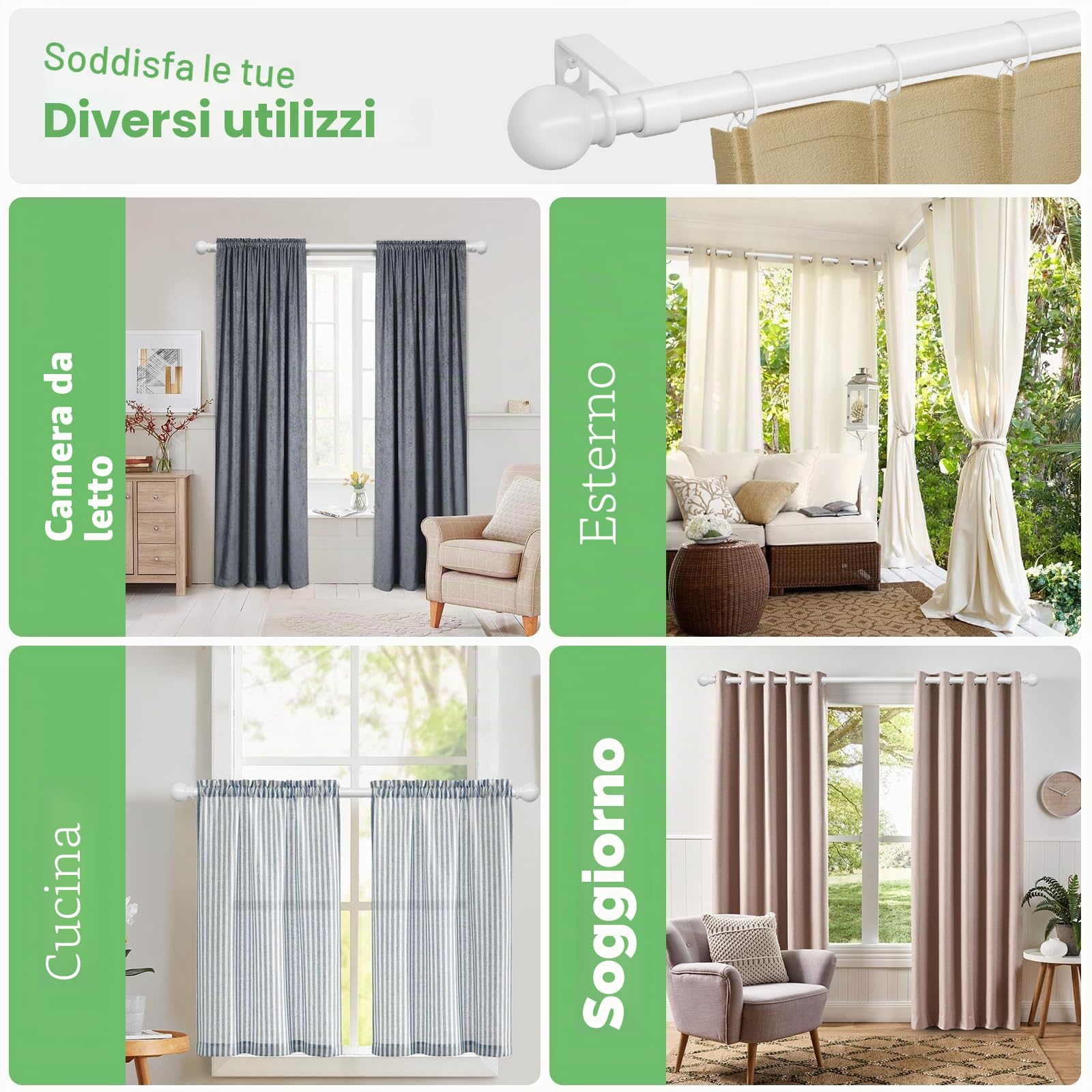 Bastone tenda 3 metri bianco metallo regolabile 5/8 diametro 80-300 cm set con staffa