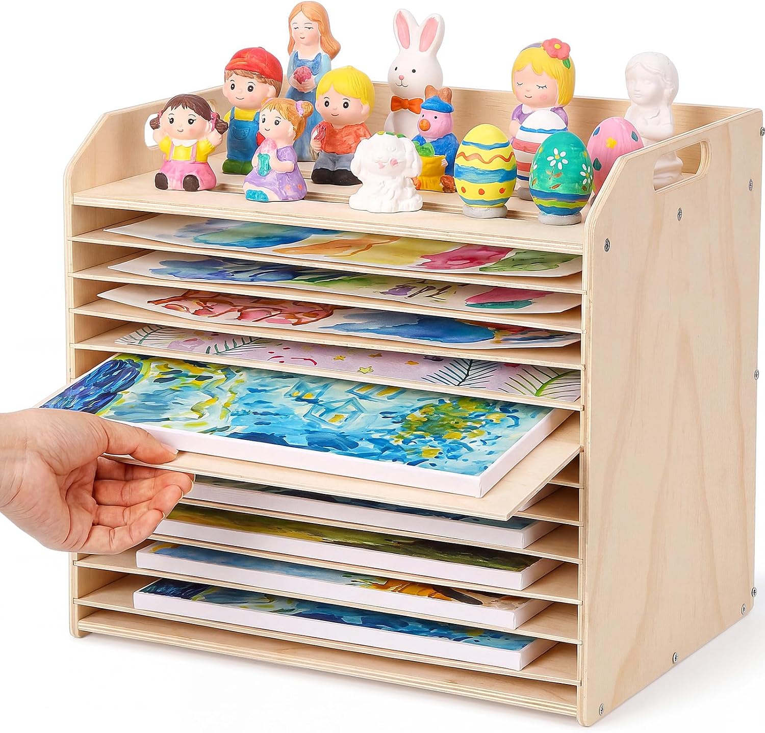 Hoteam Wooden Art Drying Rack with 12 Removable Shelves Canvas Art Paint Drying Rack Wood Tabletop Artwork Display Storage Racks for Home Artwork Studio Craft Room