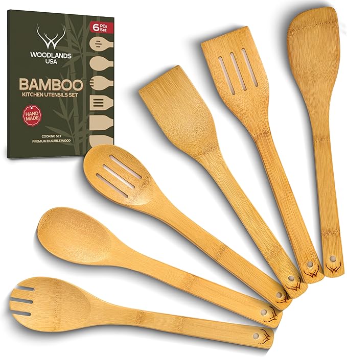 WOODLAND-USA Wooden Spoons for Cooking 6 Pcs – Organic Wooden Utensil Set for Nonstick Cookware – Handmade, Heat-Resistant Wooden Spoon Set – Eco-Friendly, Durable & Lightweight Bamboo Spatula Set