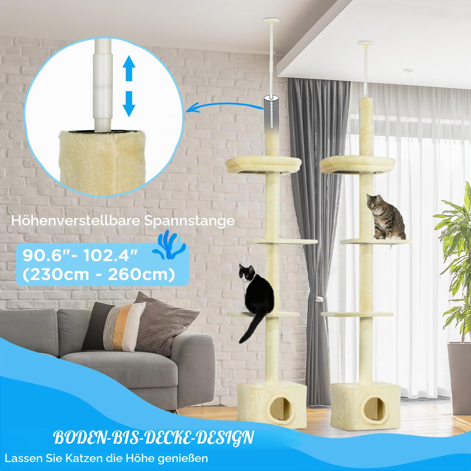 PawHut Kratzbaum höhenverstellbar 230-260 cm 4 Ebenen mit Condo Beige