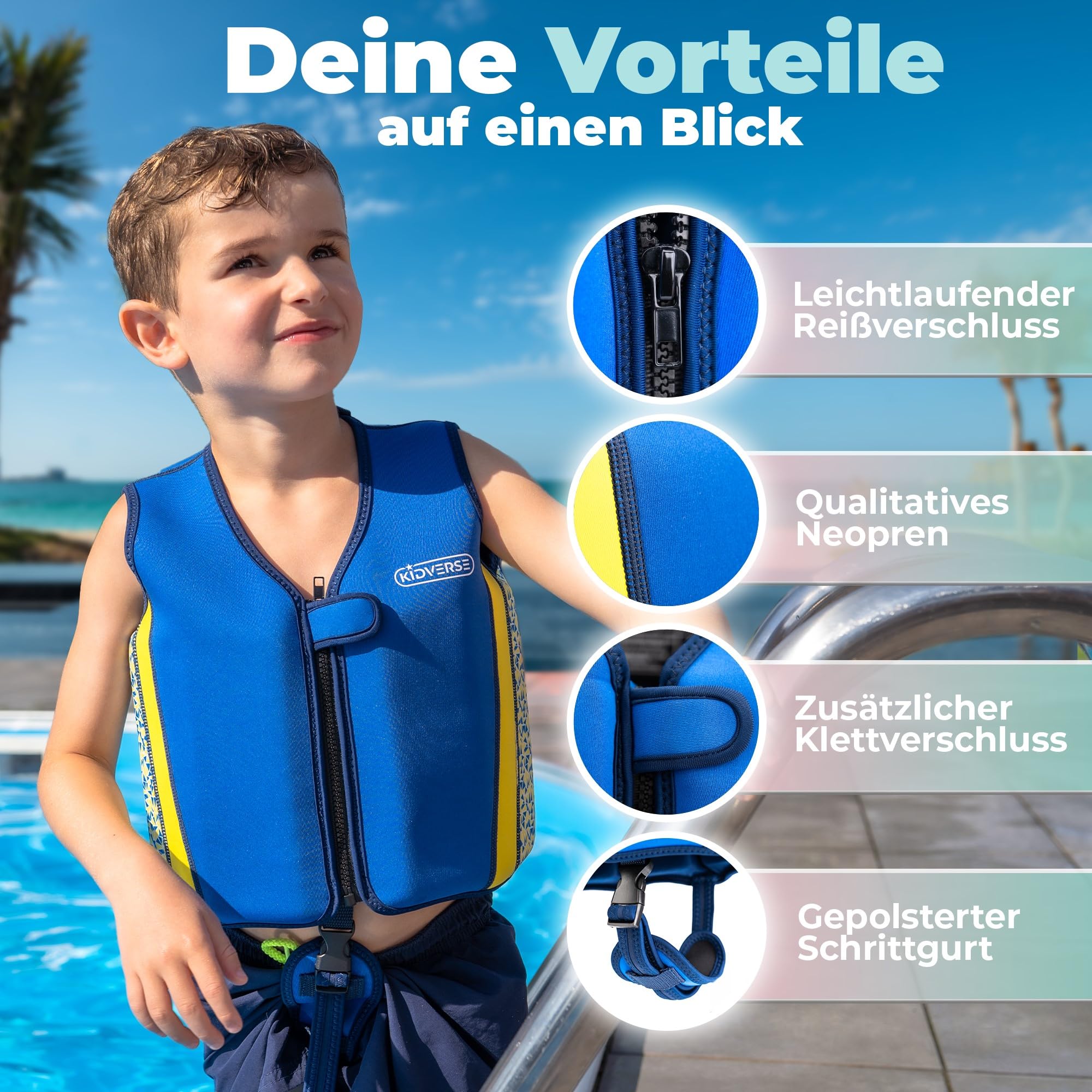 KIDVERSE Schwimmweste Kinder - Testsieger & TÜV geprüfte Schwimmhilfe für Kinder ab 2 Jahre mit verstellbarem Auftrieb - CE-Zertifiziert mit extra weichem Premium Neopren