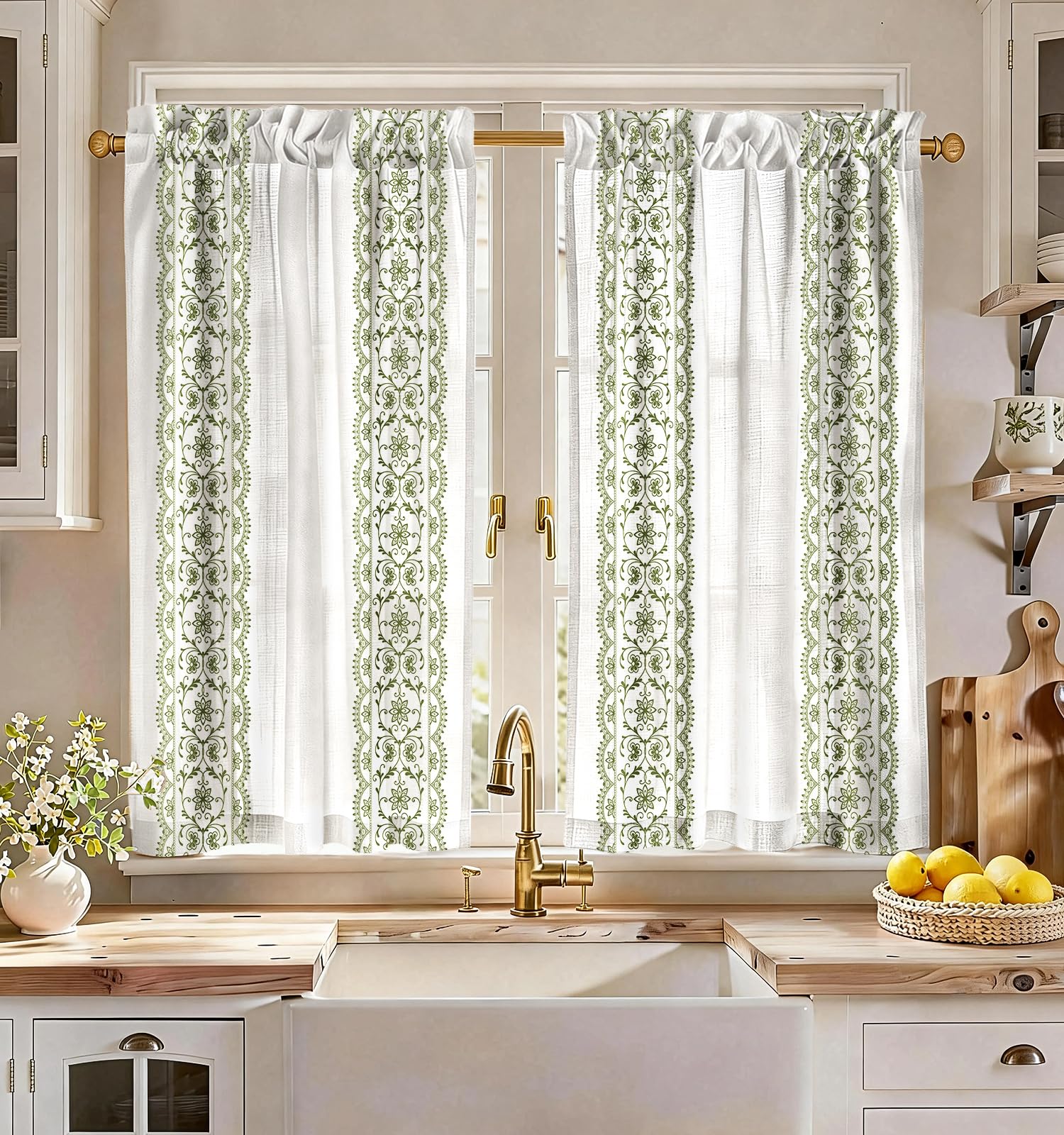 Miss Adola Boho Kitchen Tier Curtains, 45 Inch Length, Green Vine