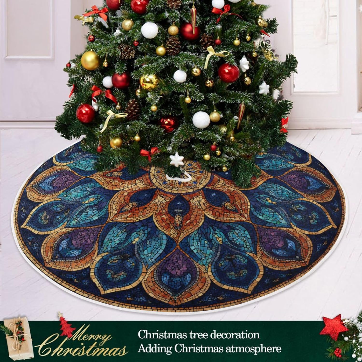 Blue Mandala Black Christmas Tree Floor Mat Decor Festive Holiday Decoration Classic Polyester 47 inch/35 inch