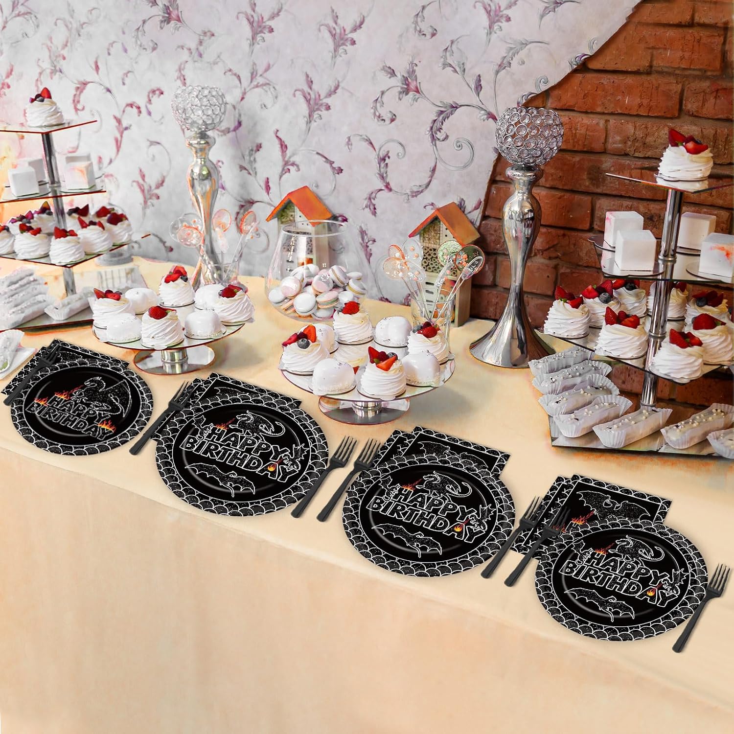 96Pcs Dragon Birthday Party Decorations Black Dragon Party Tableware Dinnerware Disposable Paper Dessert Cake Plates Napkins Forks Bulk Dragon Themed Party Supplies Fantasy Baby Shower Favors 24 Guest