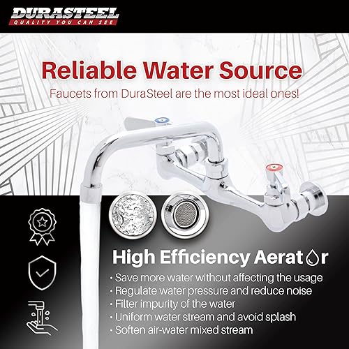 Miniatura 2 de DuraSteel NSF - Grifo de fregadero comercial sin plomo de 8 pulgadas, grifo de montaje en pared comercial con boquilla giratoria de 6 pulgadas,