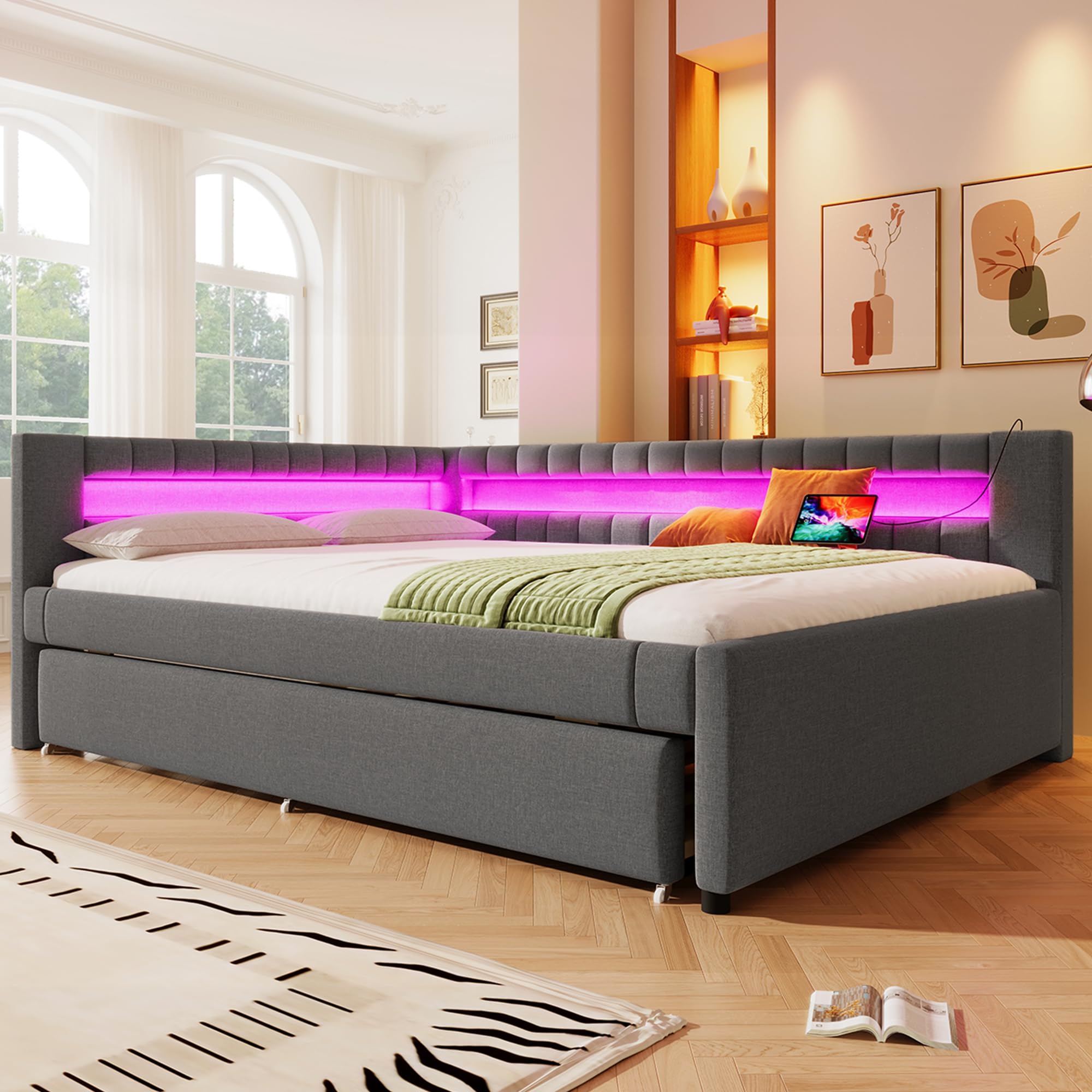 Lubvtti Divano letto 140×200 cm, testiera a L con striscia luminosa a LED, Divano letto con letto estraibile 90×190, Letto matrimoniale con porta USB, Tessuto in lino, Grigio (materasso non incluso)