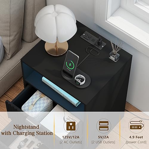 Miniatura 3 de Juego de 2 mesitas de noche negras, moderna mesita de noche LED acanalada con estación de carga, puertos USBC, mesitas de noche de granja con 2