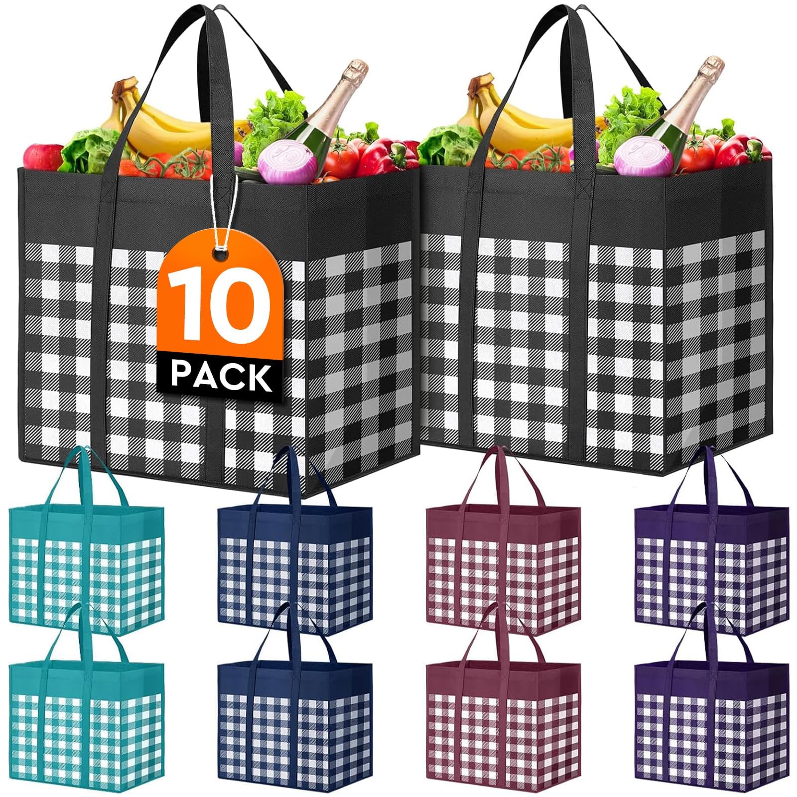 WISELIFE Bolsas de compras reutilizables para comestibles, paquete de 12 bolsas grandes plegables a granel, bolsas de productos ecológicos con mango largo para compras y ropa (cuadros C)