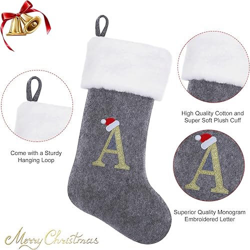 Miniatura 4 de Medias de Navidad con iniciales de terciopelo gris de 20 pulgadas con monograma de felpa blanca súper suave, bordadas con letras doradas para