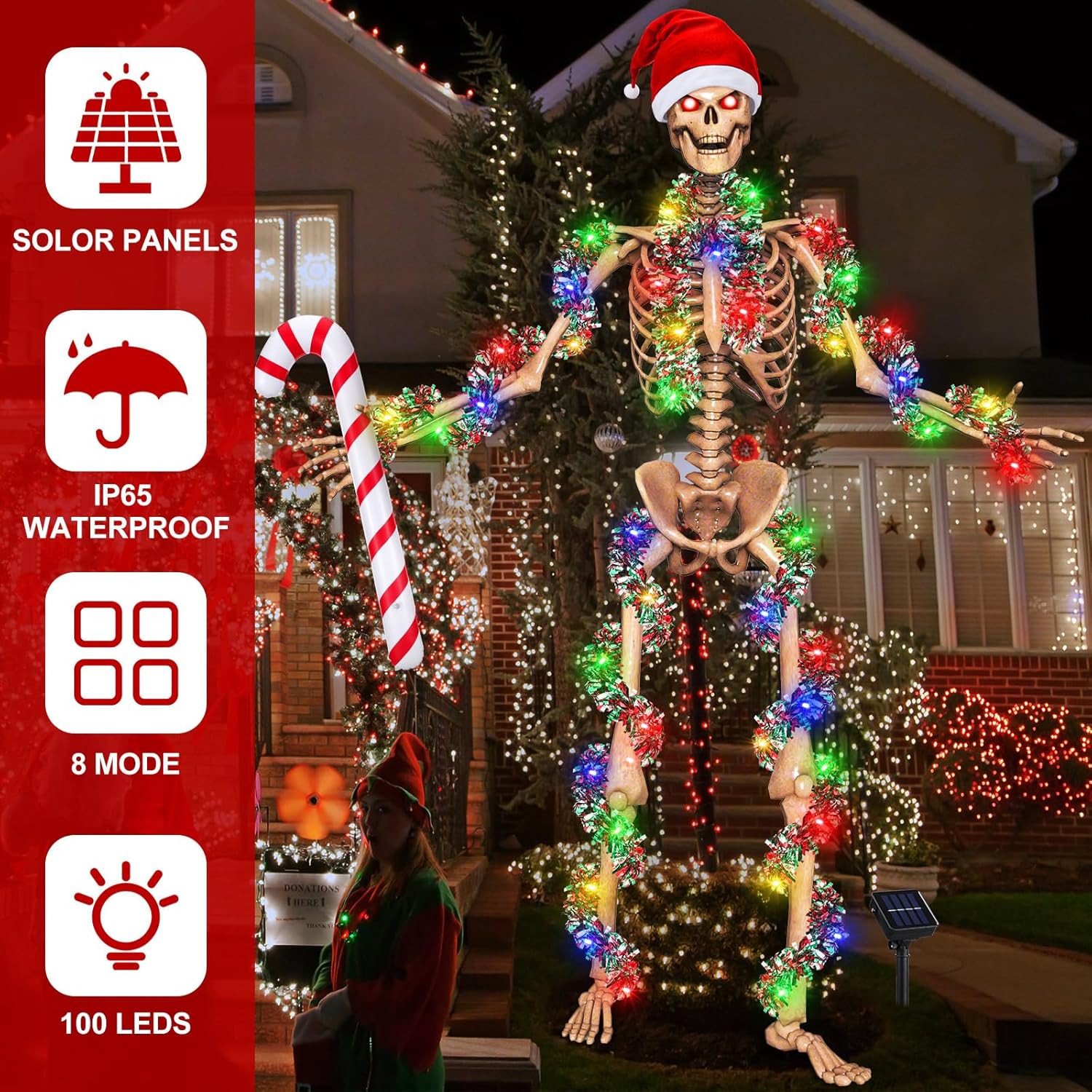 Cozypower Christmas 12 ft Skeleton Santa Outfit Accessory Santa Hat Tinsel Garlands String Light Inflatable Candy Cane(Classic Red)