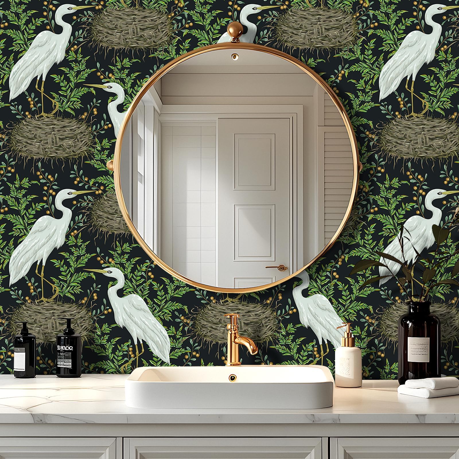 YENHOME Black Bird Wallpaper Peel and Stick Prepasted White Crane Toile Wallpaper for Bathroom Bedroom Kitchen Cabinets 17.5"X118" Self Adhesive