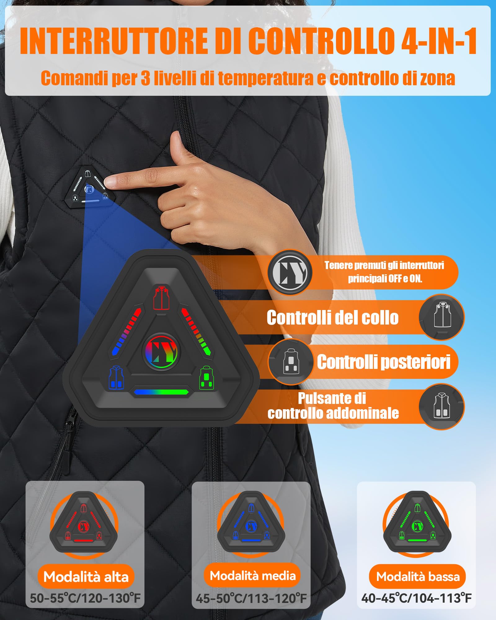 CYCYHEAT Gilet Riscaldato Uomo e Donna con Batteria 7.4V 10000mAh e Controllo 4-in-1 – Gilet Riscaldante Leggero Imbottito