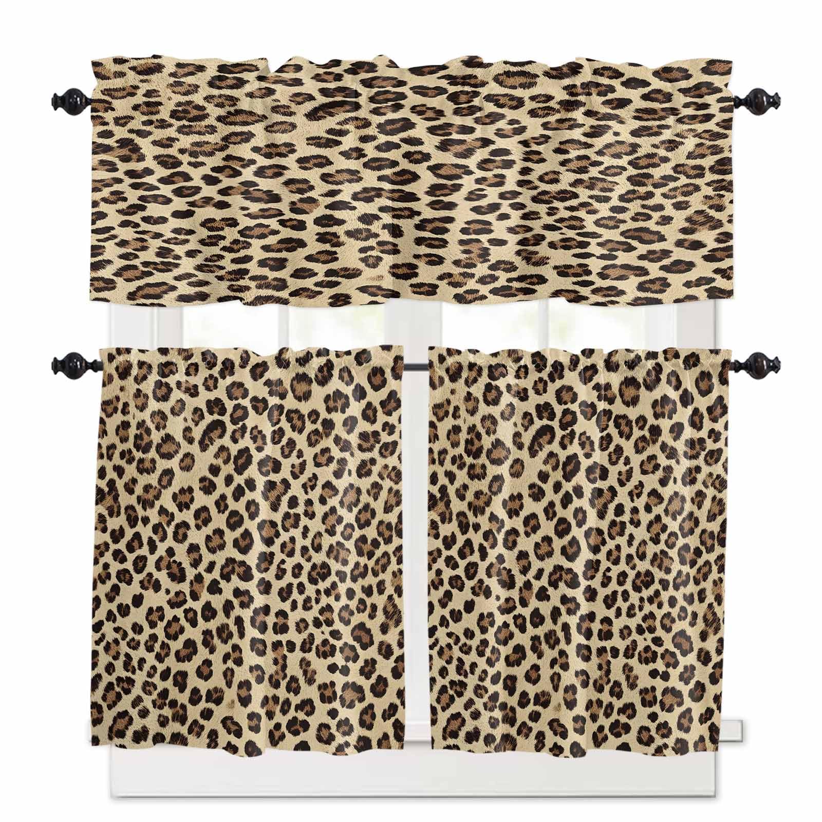 Leopard Kitchen Curtains 36 Inch Length,3 Piece Rod Pocket Small Half Tiers and Valance Set,Brown Black Beige Modern Abstract Impressionist Small Large Window Treatment Decor for Bedroom/Bathroom
