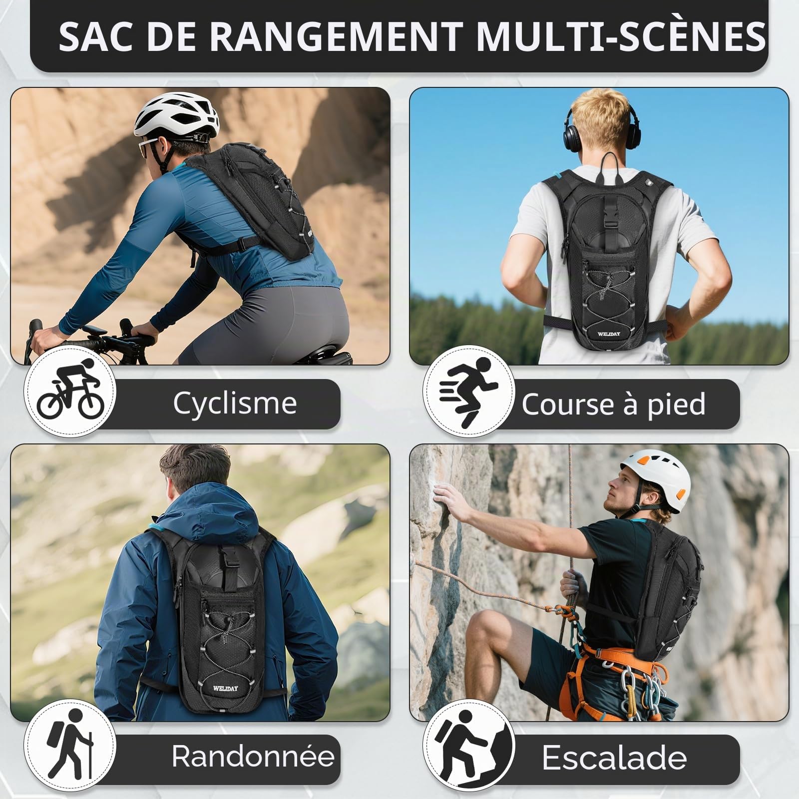Sac à dos d'hydratation avec poche à eau de 2 L, sac léger pour cyclisme, course, randonnée, escalade
