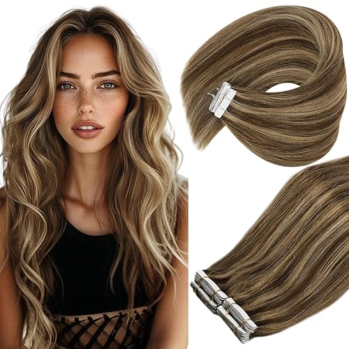 Miniatura 8 de Ve Sunny Extensiones de cabello humano con cinta invisible con reflejos rubios, extensiones de cabello humano real, mezcla de rubio claro, rubio