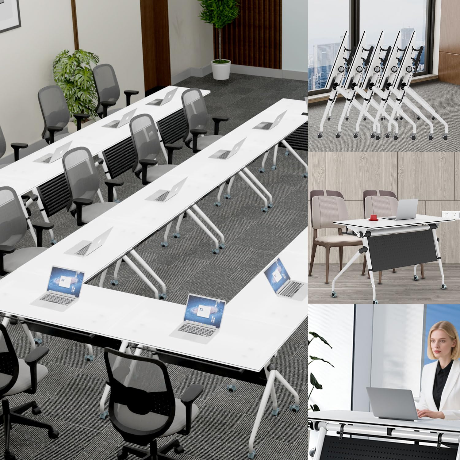 Folding Conference Table,Large Rectangle Conference Room Tables for 2-8 People,Modern Office Conference Meeting Room Table,Mobile Flip Top Training Seminar Table Lockable Wheels (6 Pack, 47.2inch)