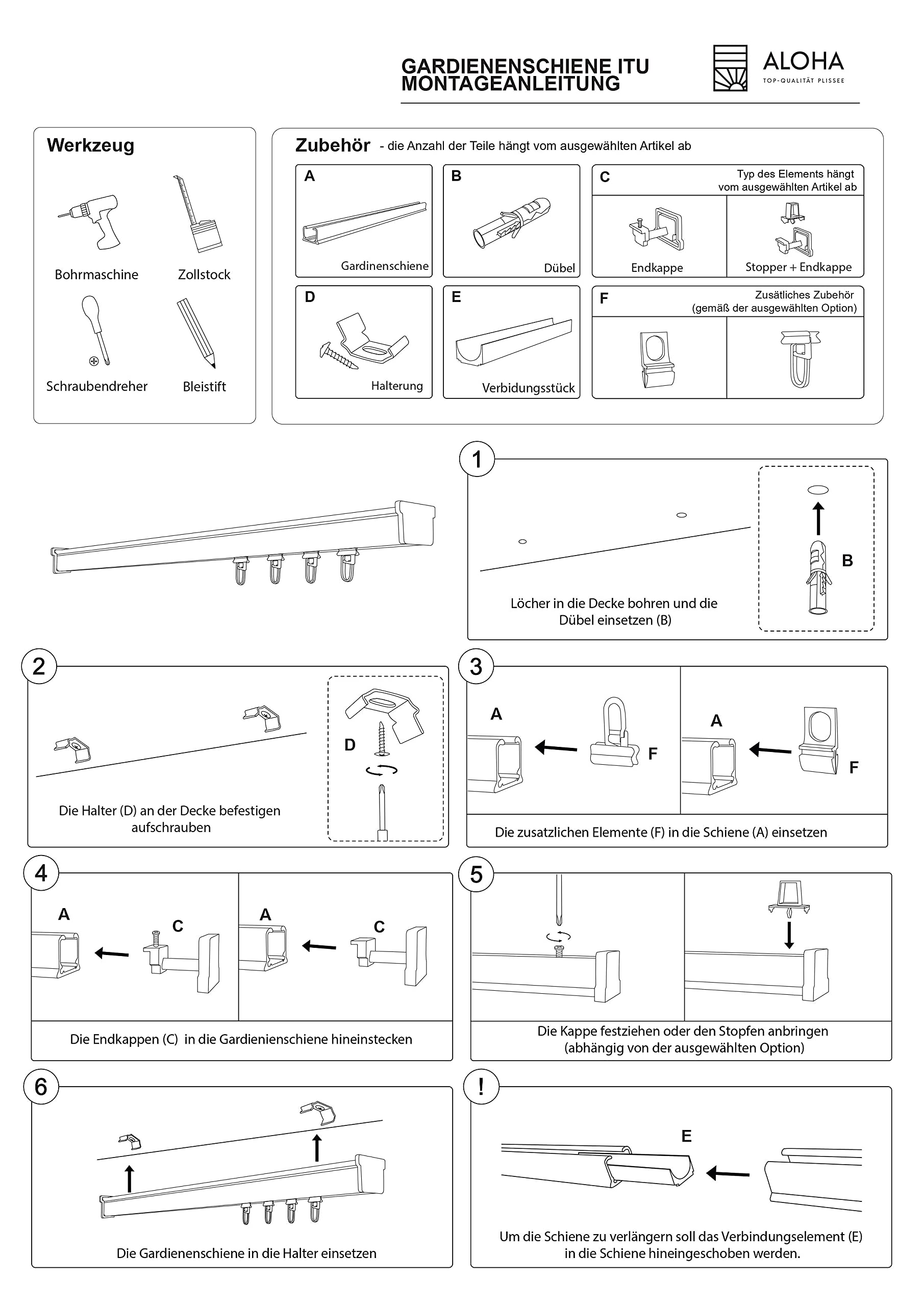 ALOHA Gardinenschiene ITU / 1-läufig / 400cm / mit Faltenlegehaken/Schwarz | Vorhangschienen aus Aluminium, Deckenbefestigung